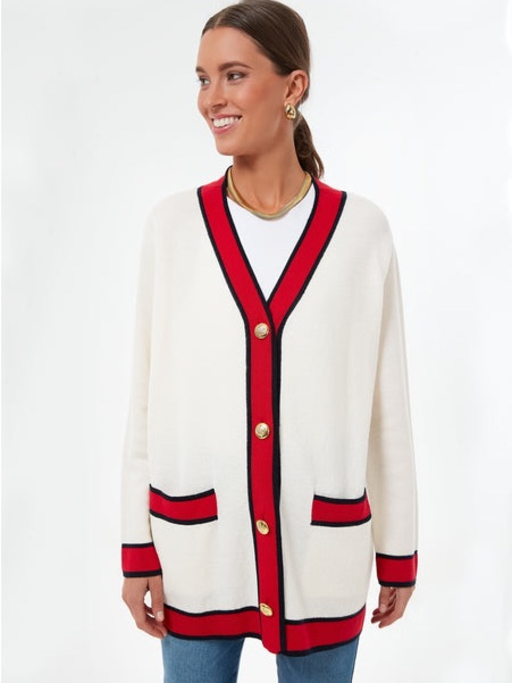 Tuckernuck Ivory Lauren Cardigan with red and blue trim XL